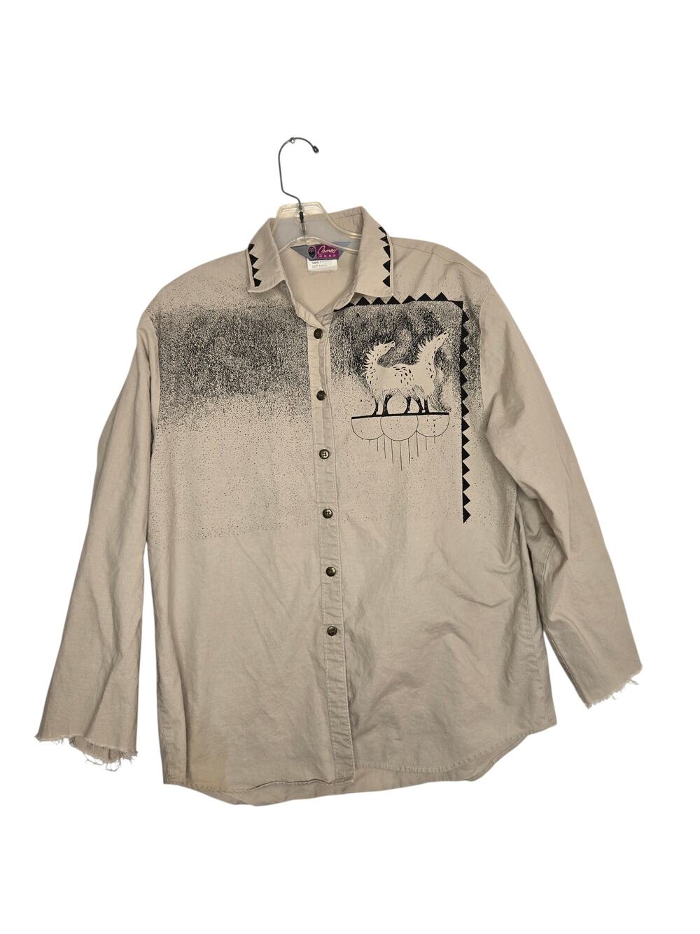 Vintage Cowgirl Rodeo Shirt Horse Print Khaki Western Cameo Rose Women Large